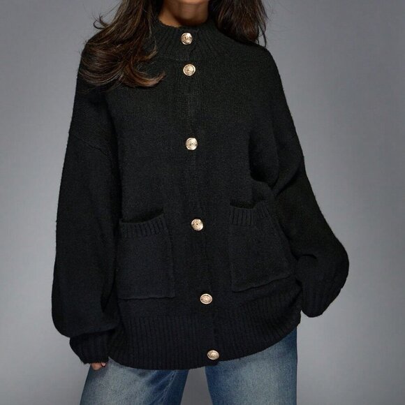 Black Casual Women's Knitted Button Drop Shoulder Long Sleeves Cardigan - Picture 1 of 6